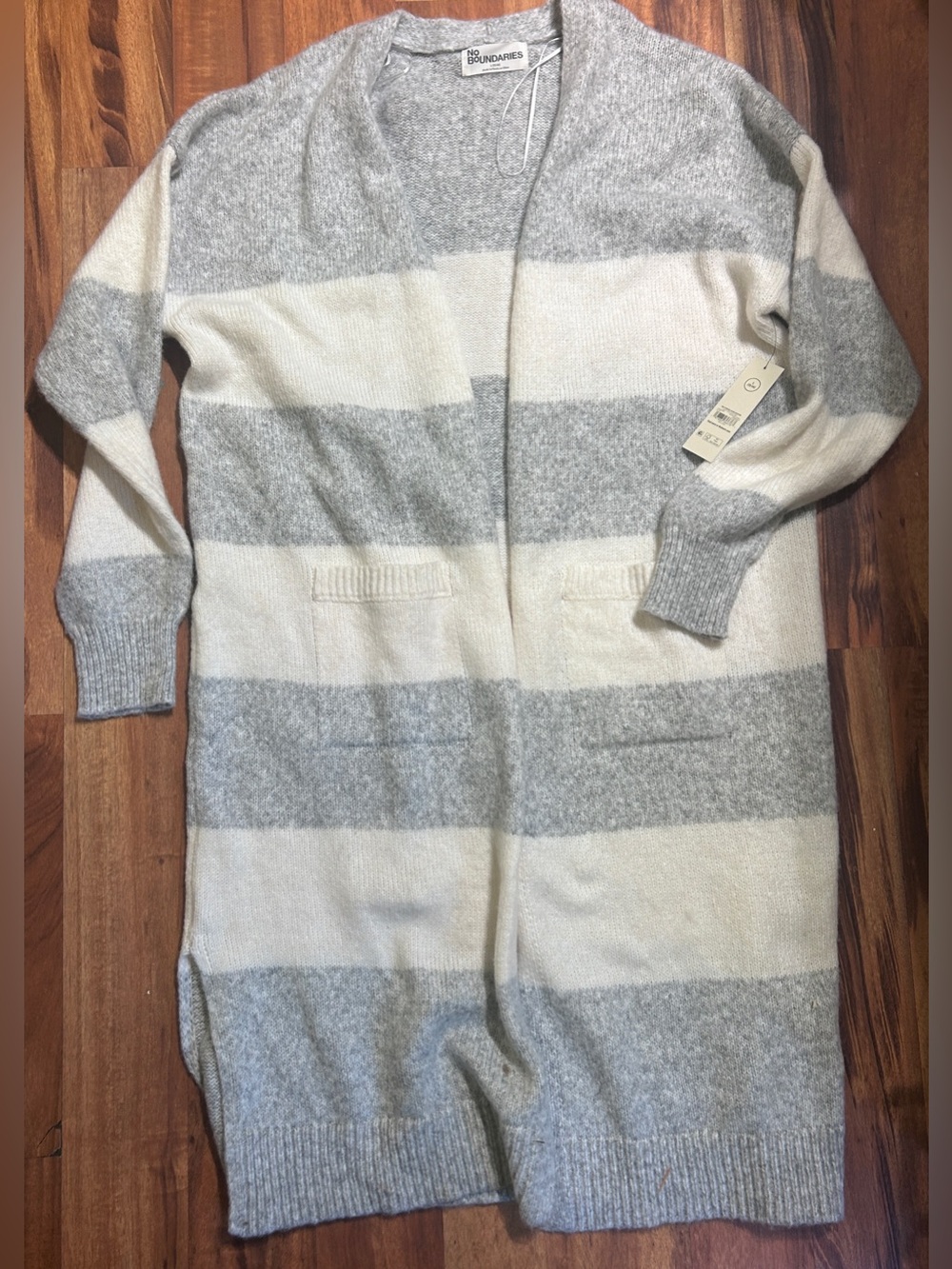 No Boundaries Open Front Gray Striped Duster Cardigan